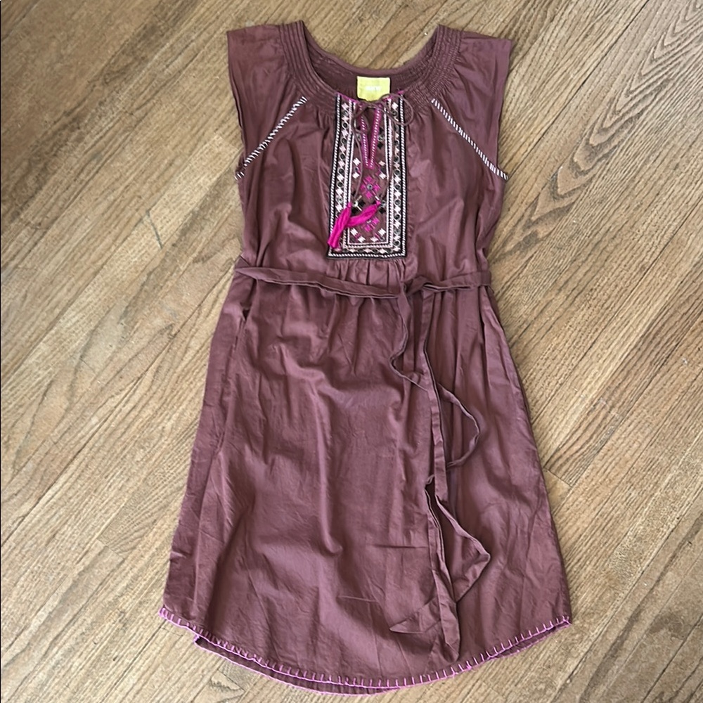 Maeve Plum Embroidered Tie-Neck Dress